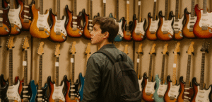 Joven intentando averiguar cuáles son las mejores guitarras eléctricas para principiantes entre una variedad abrumadora